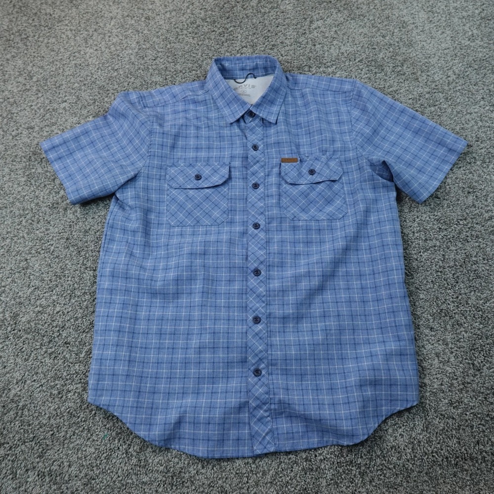 Orvis Shirt Mens M Blue Plaid Short Sleeve Button Up Fishing Outdoor Performance